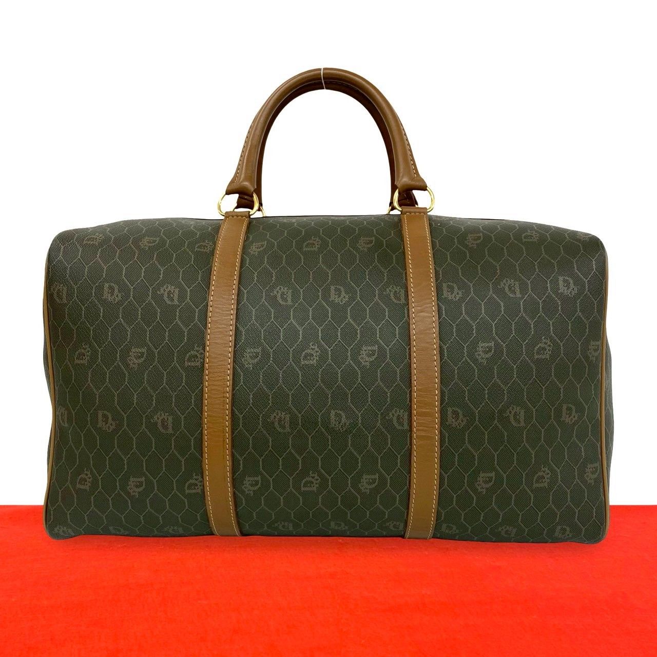 Dior Vintage Honeycomb Pattern Leather Boston Bag Khaki