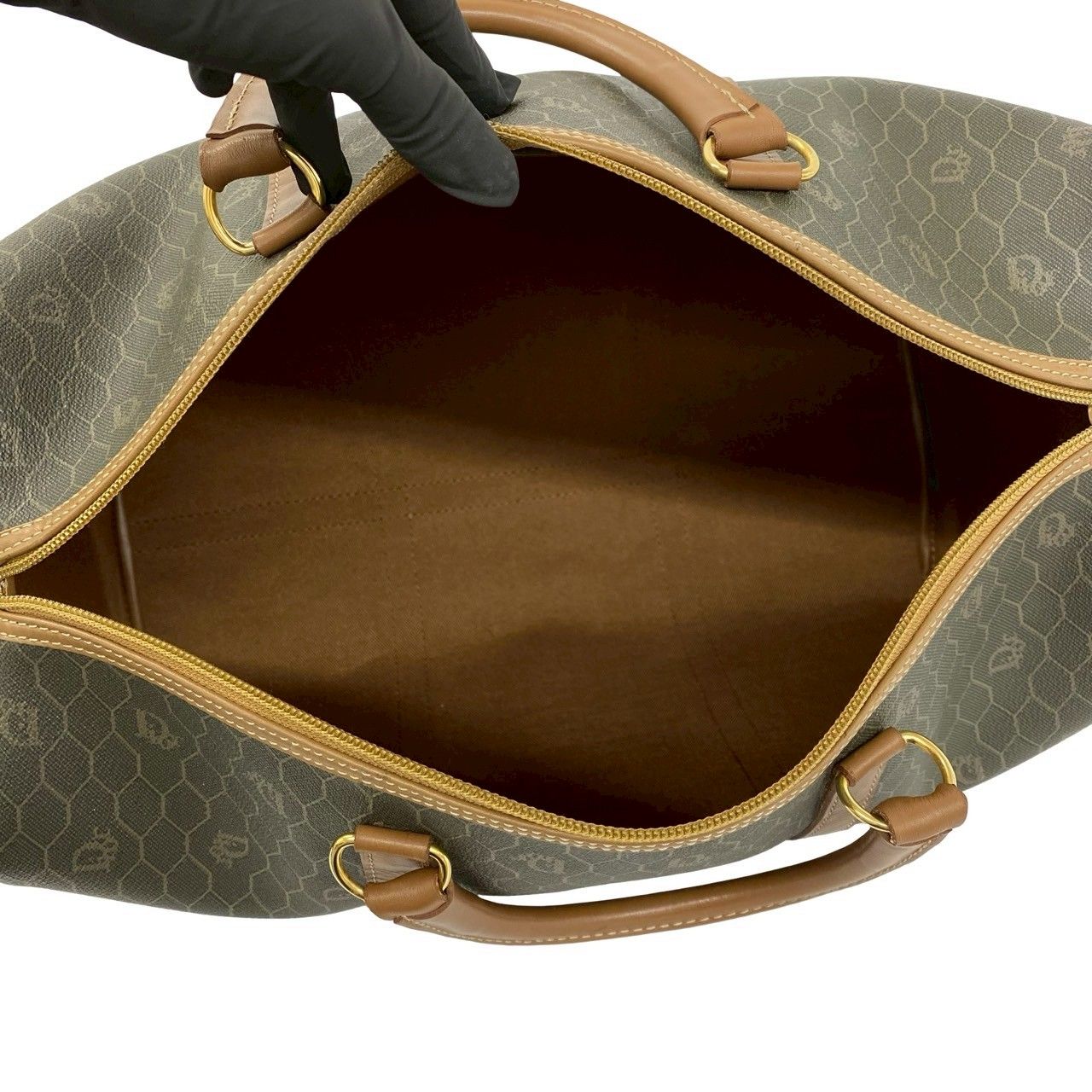 Dior Vintage Honeycomb Pattern Leather Boston Bag Khaki — view 9