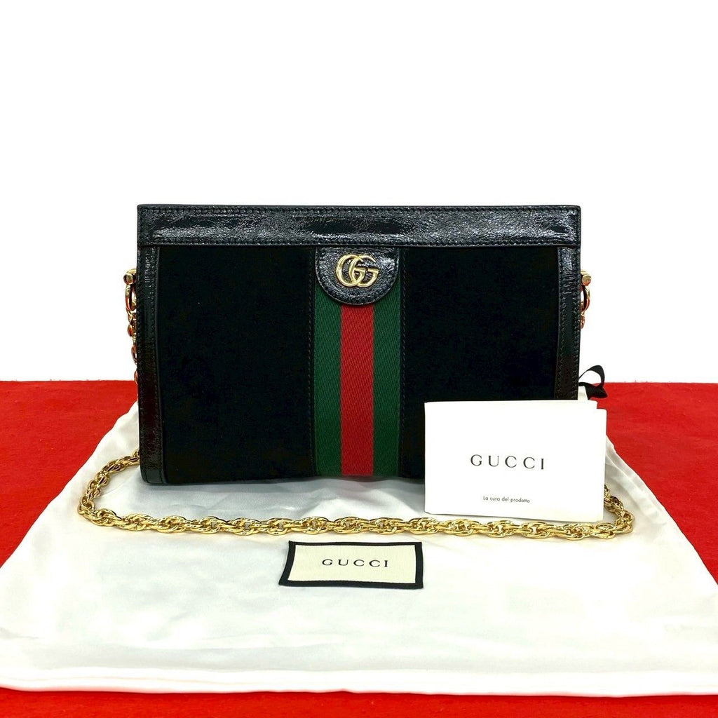 Gucci Ophidia Sherry Line GG Logo Suede Patent Shoulder Bag Black