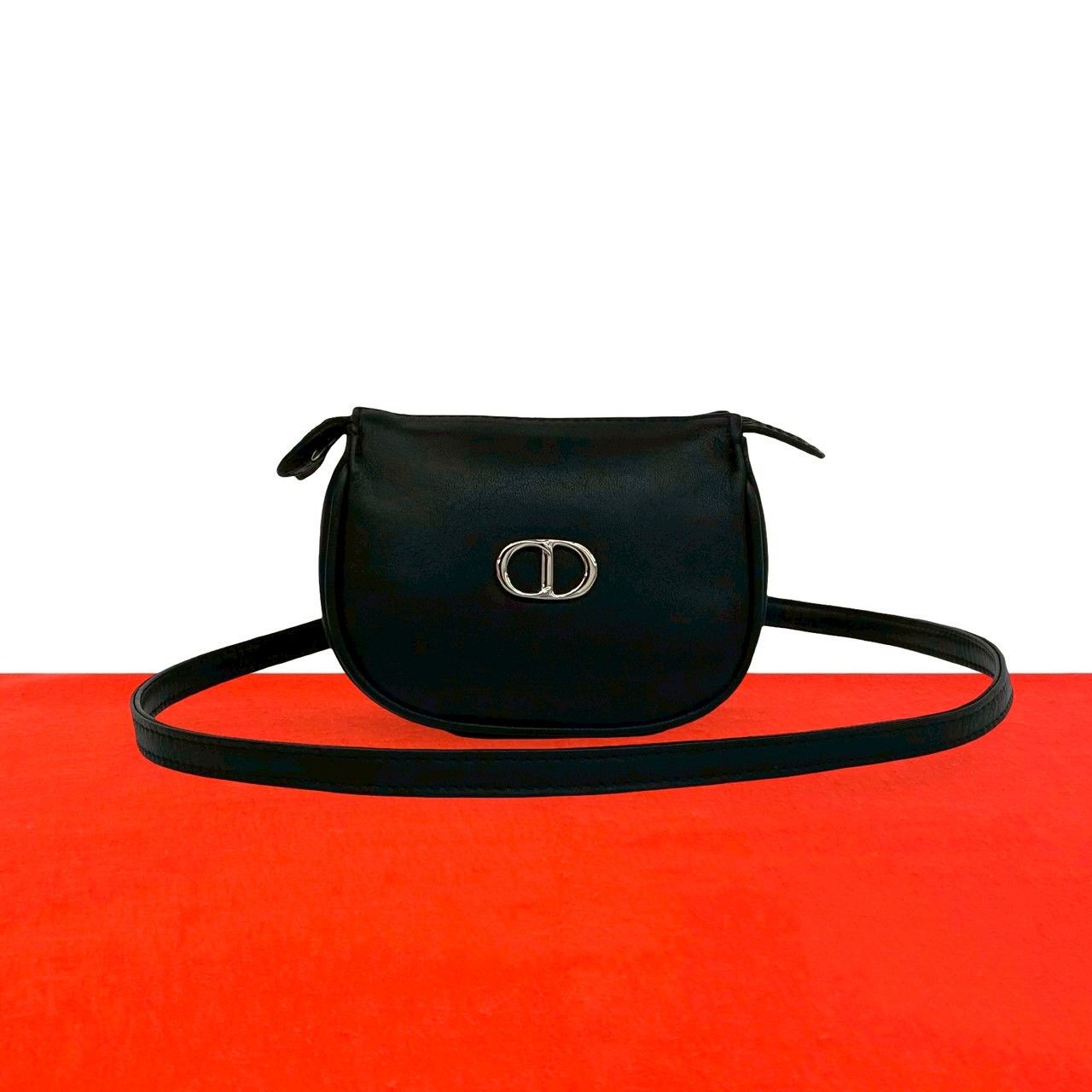 Dior Vintage CD Logo Leather Mini Shoulder Bag Pochette Black