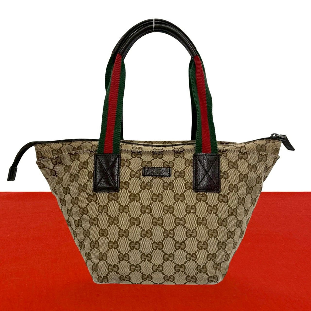 Gucci Sherry Line GG Logo Pattern Canvas Leather Handbag Mini Tote Brown