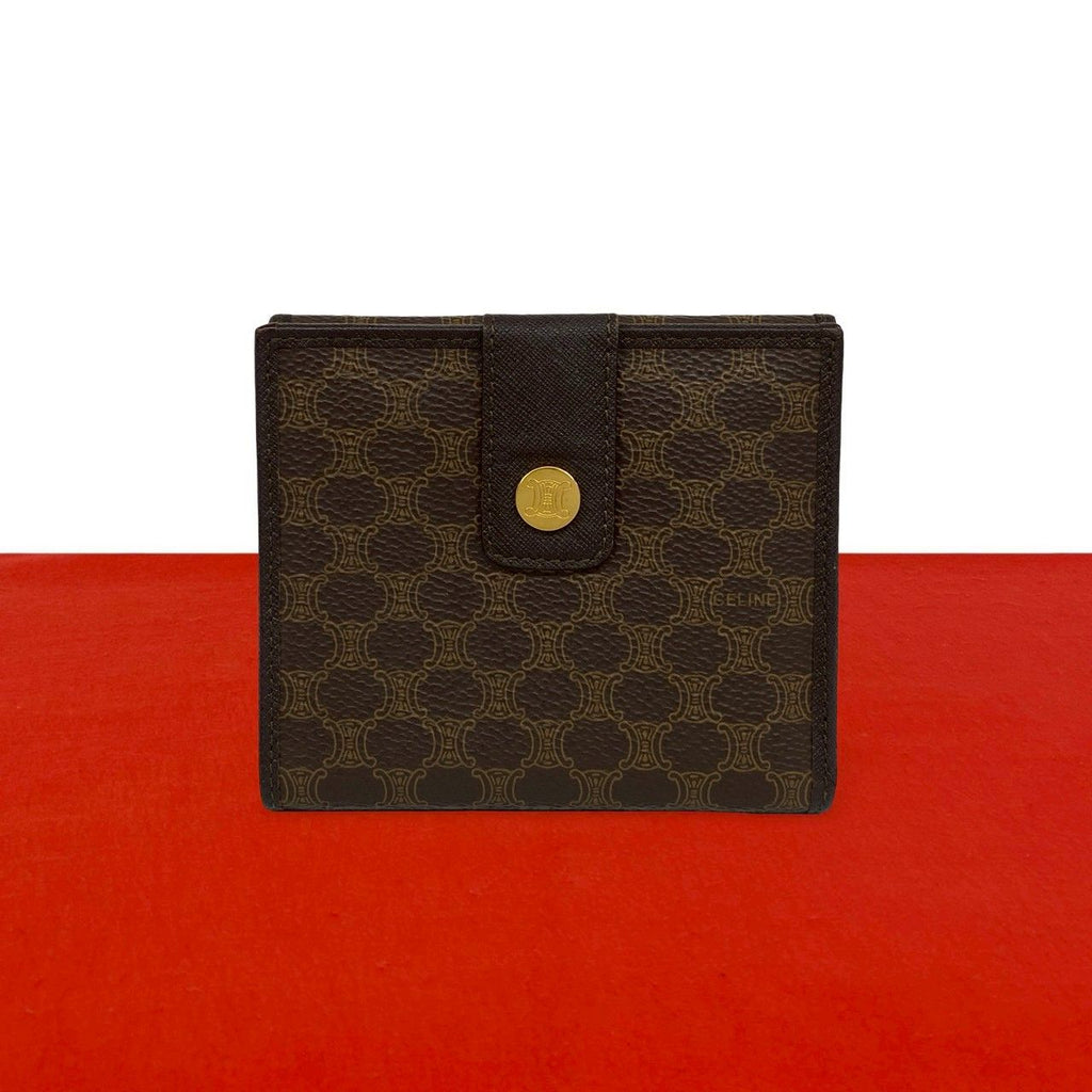 Celine Macadam Blason Triomphe Logo Leather Bifold Wallet Mini Card Case Brown