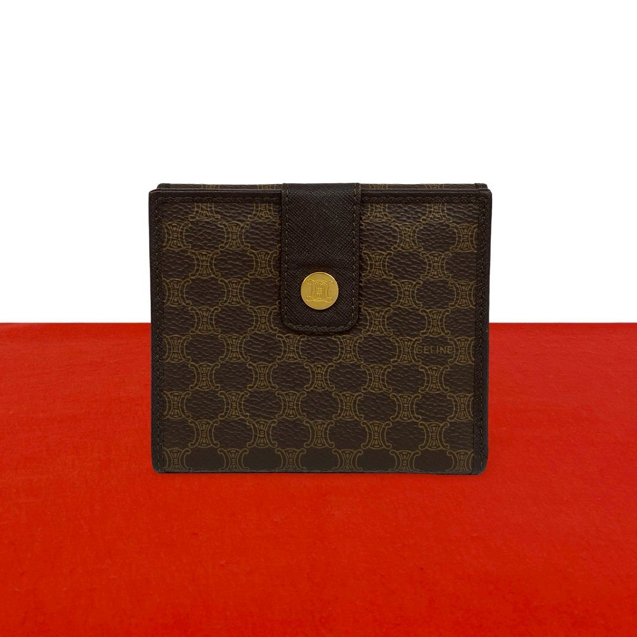 Celine Macadam Blason Triomphe Logo Leather Bifold Wallet Mini Card Case Brown