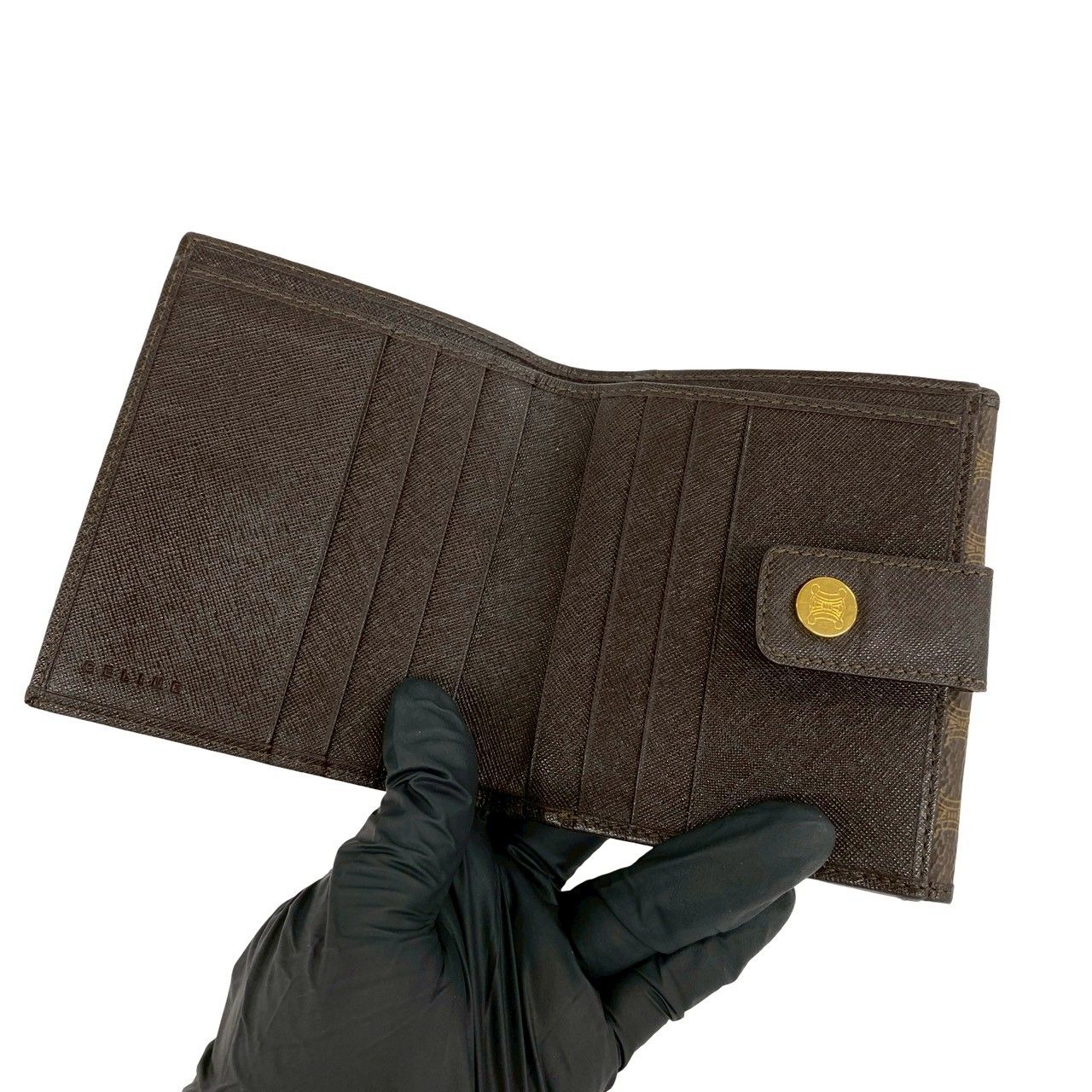 Celine Macadam Blason Triomphe Logo Leather Bifold Wallet Mini Card Case Brown — view 7