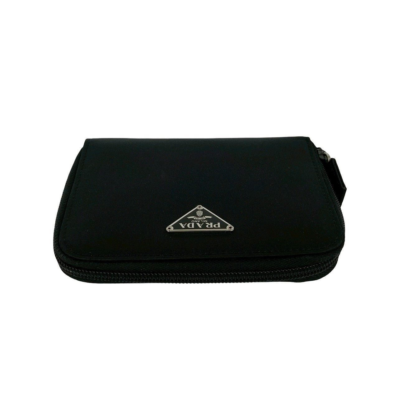 Prada Triangle Logo Plate Nylon Bifold Wallet Mini Card Case Black