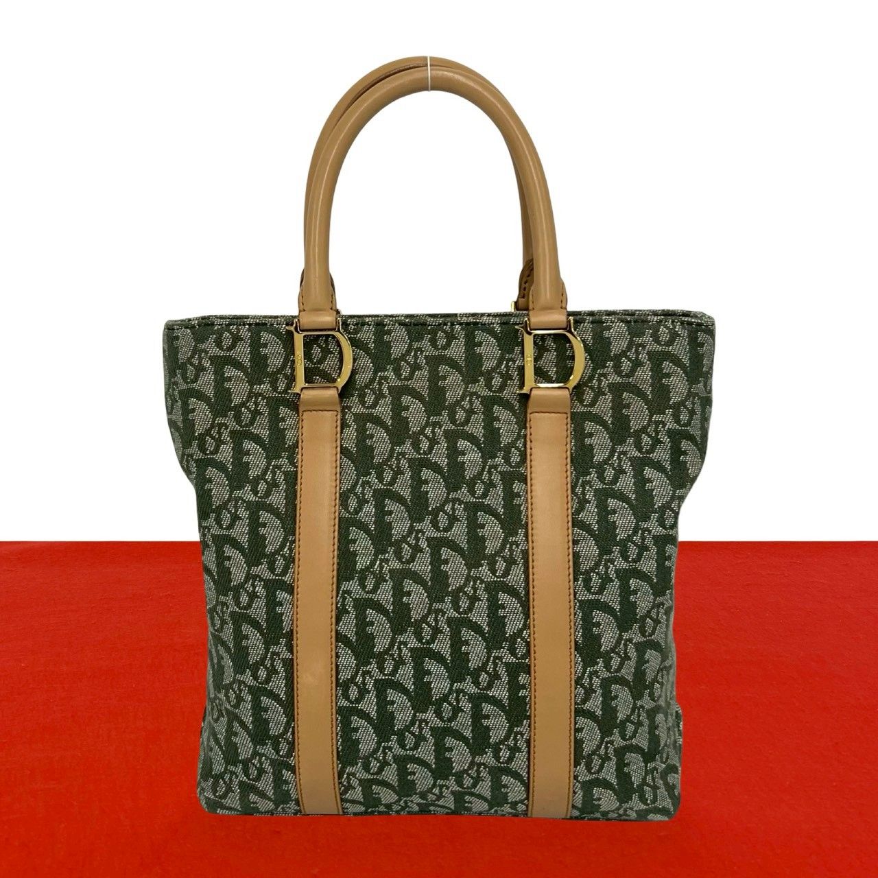 Dior Vintage Trotter CD Logo Canvas Leather Handbag Khaki