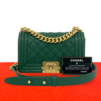Chanel With Card Boy CC Logo Caviar Leather Shoulder Bag Green