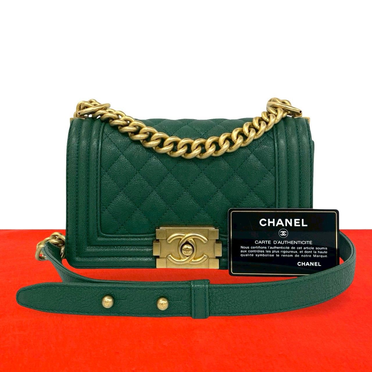 Chanel With Card Boy CC Logo Caviar Leather Shoulder Bag Green