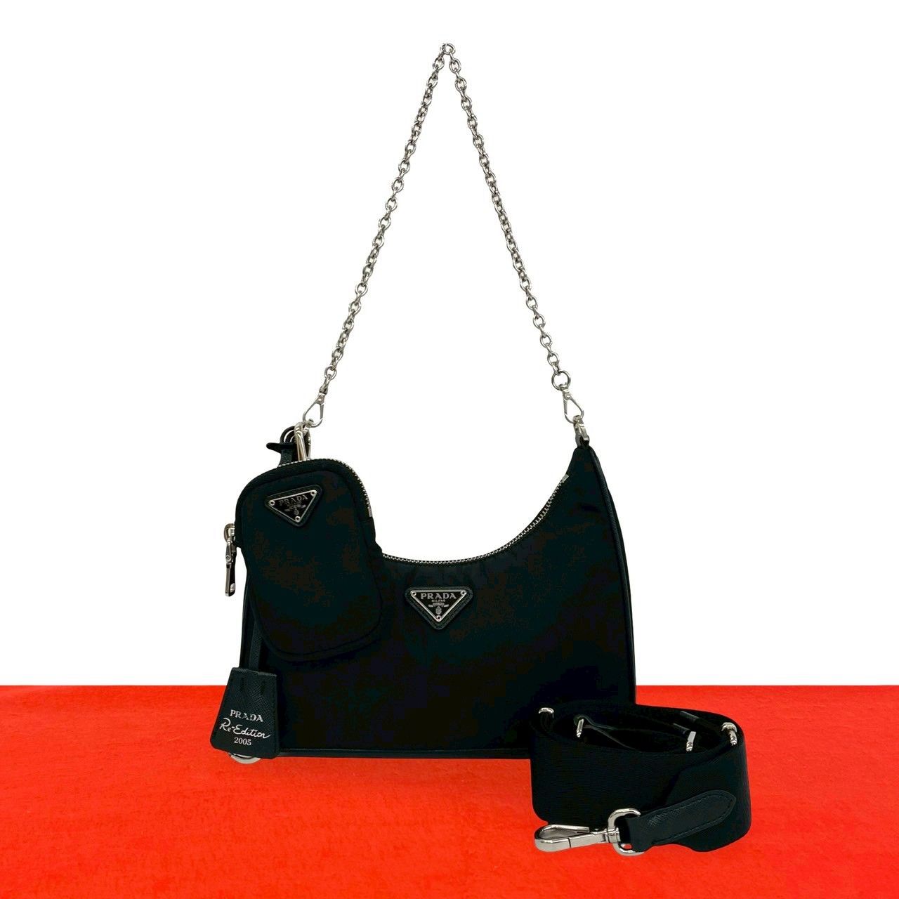 Prada Reedition Triangle Logo Nylon Leather Chain 2-Way Shoulder Bag Crossbody