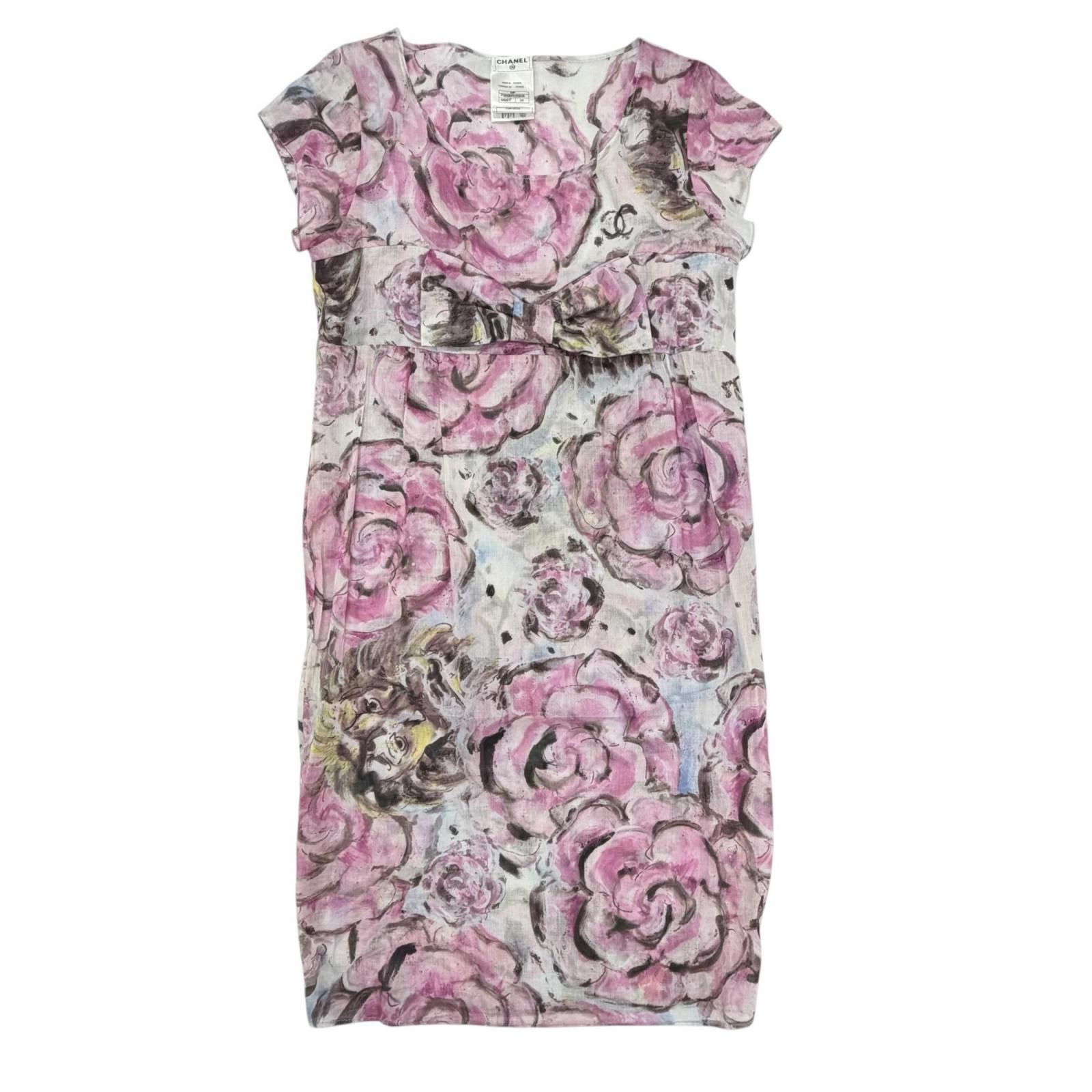 Chanel Cotton 100% CC Logo Camellia Print with Ribbon Dress 34