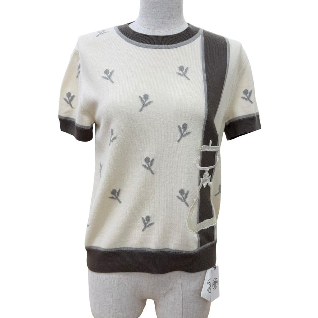 Hermes Etriers Wool Cashmere Short Sleeve Knit Beige Brown 38 Sweater