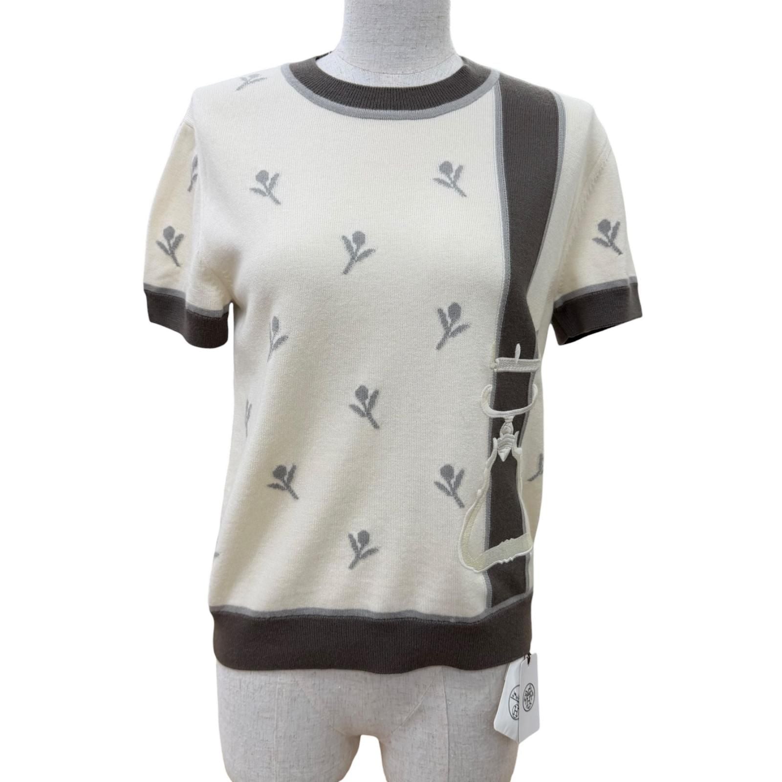 Hermes Etriers Wool Cashmere Short Sleeve Knit Beige Brown 38 Sweater