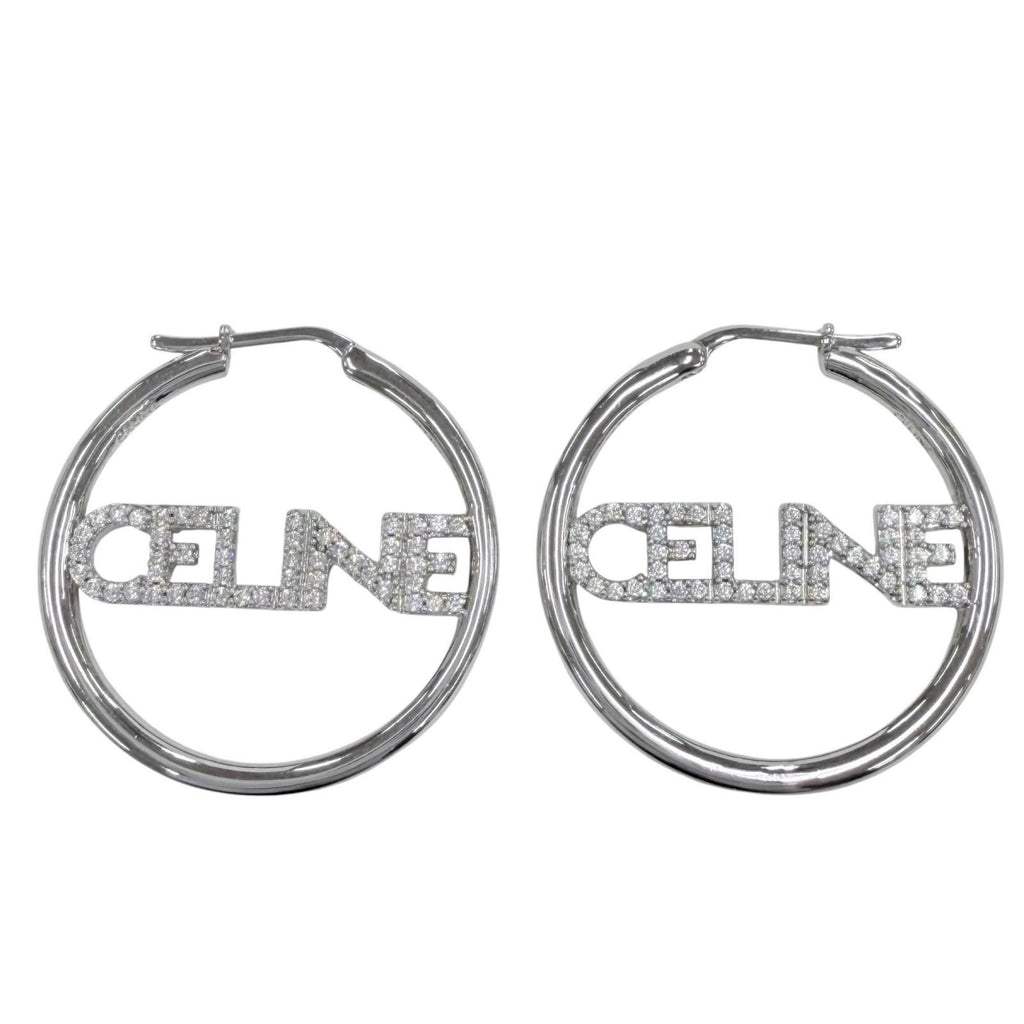 Celine Rhinestone Logo Monochrome Strass Hoop Earrings for Silver