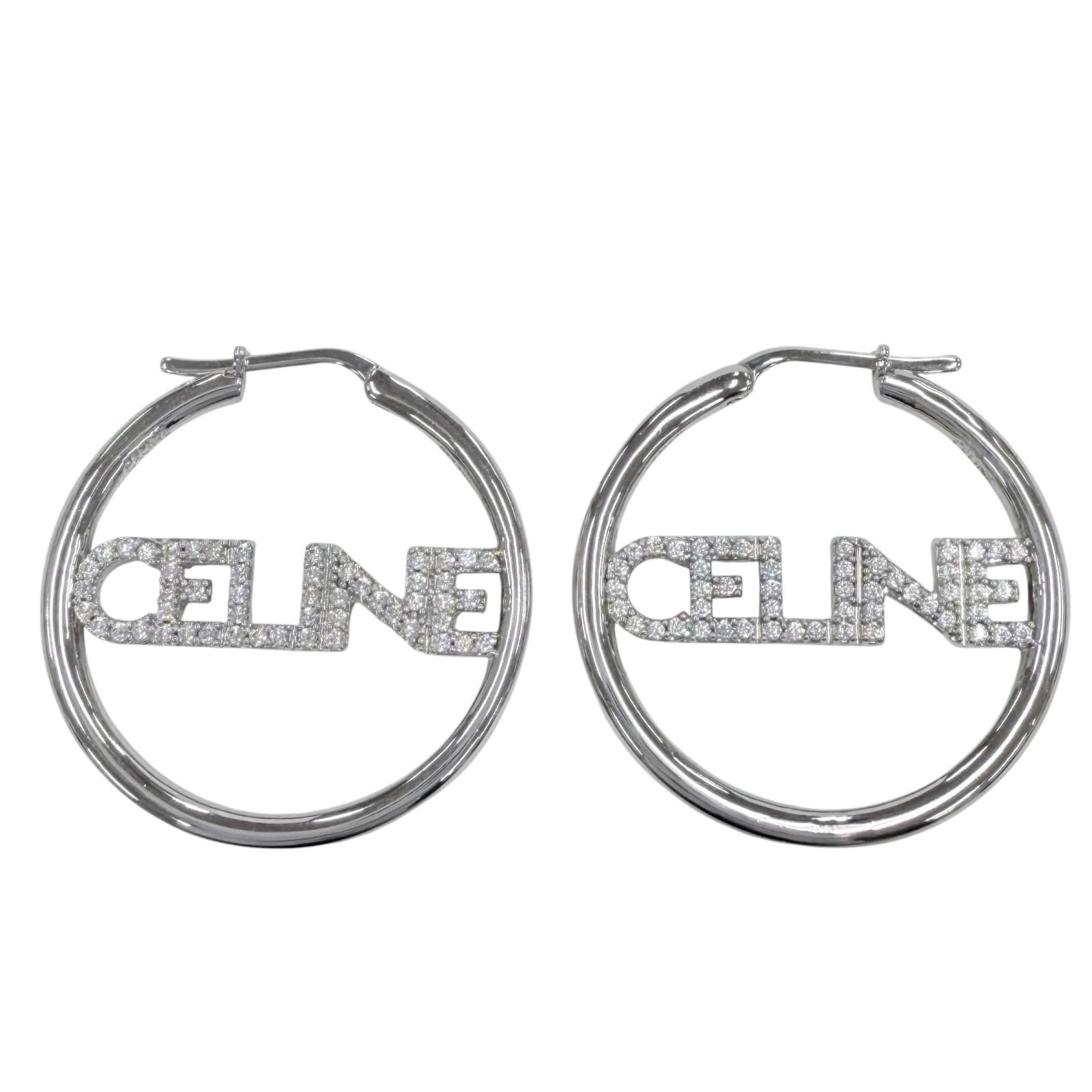 Celine Rhinestone Logo Monochrome Strass Hoop Earrings for Silver