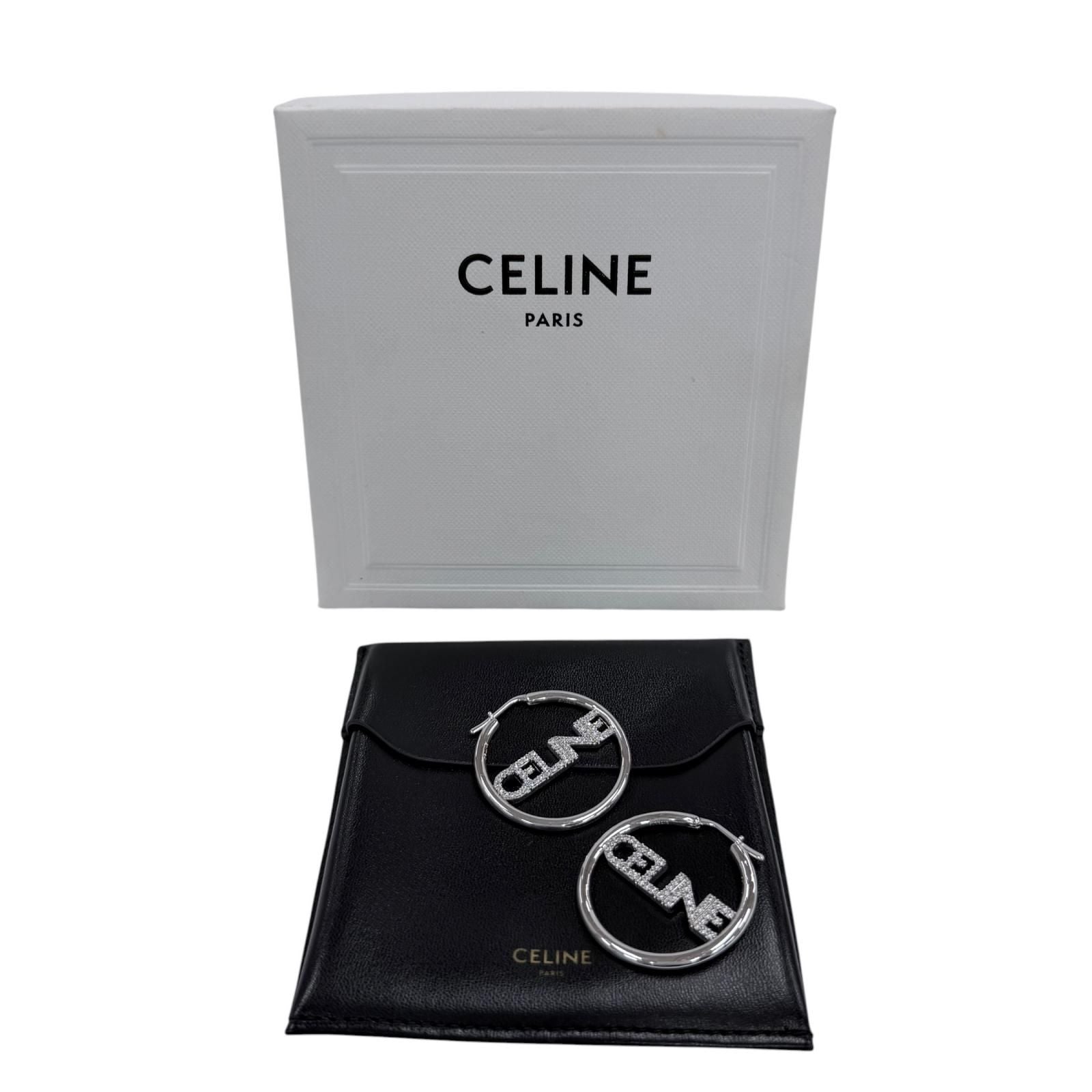 Celine Rhinestone Logo Monochrome Strass Hoop Earrings for Silver — view 2