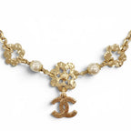 Chanel Rhinestone Pearl CC Logo Flower Motif Necklace Gold — view 3