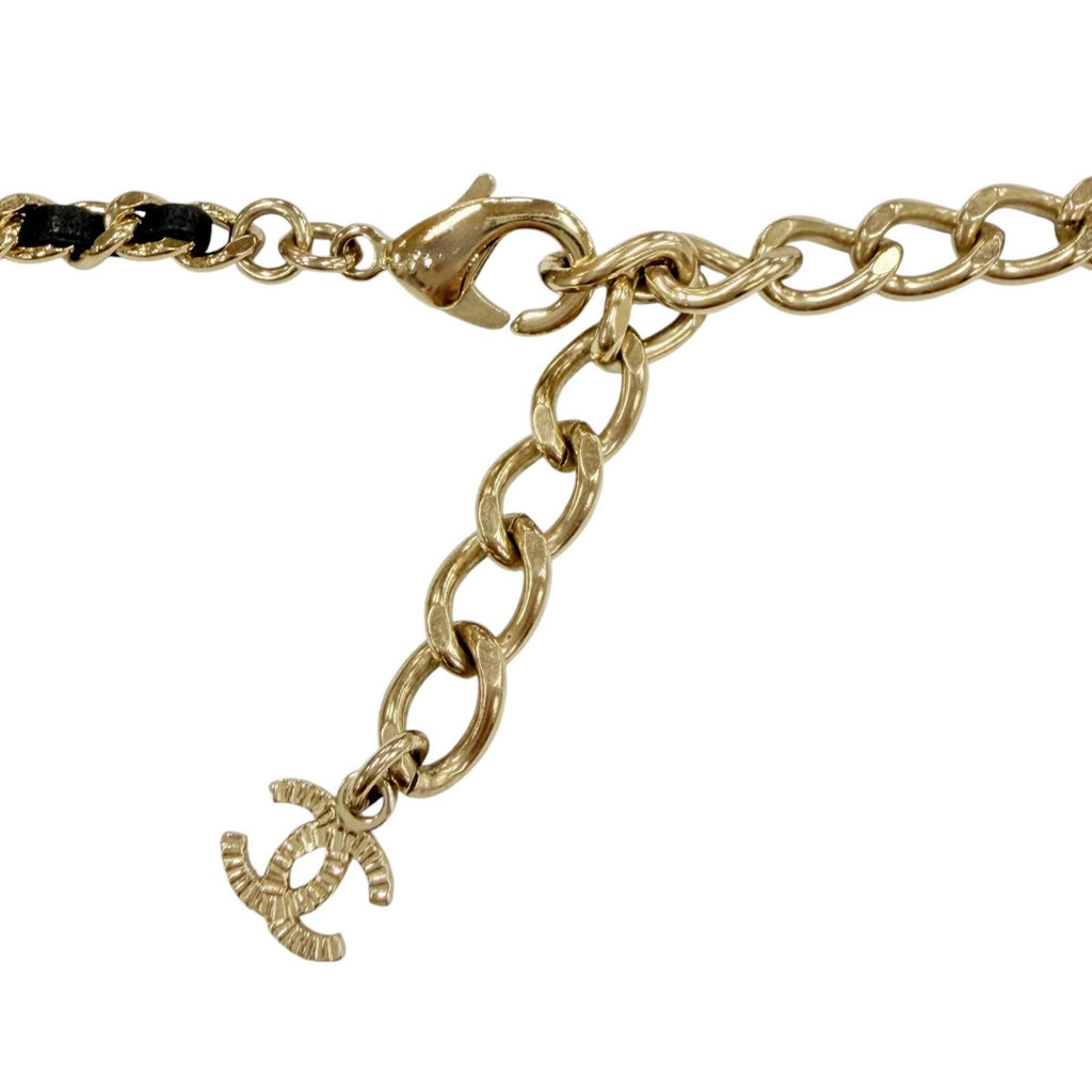 Chanel Rhinestone CC Logo Quilted Bag Motif Chain Necklace Gold Black — view 6
