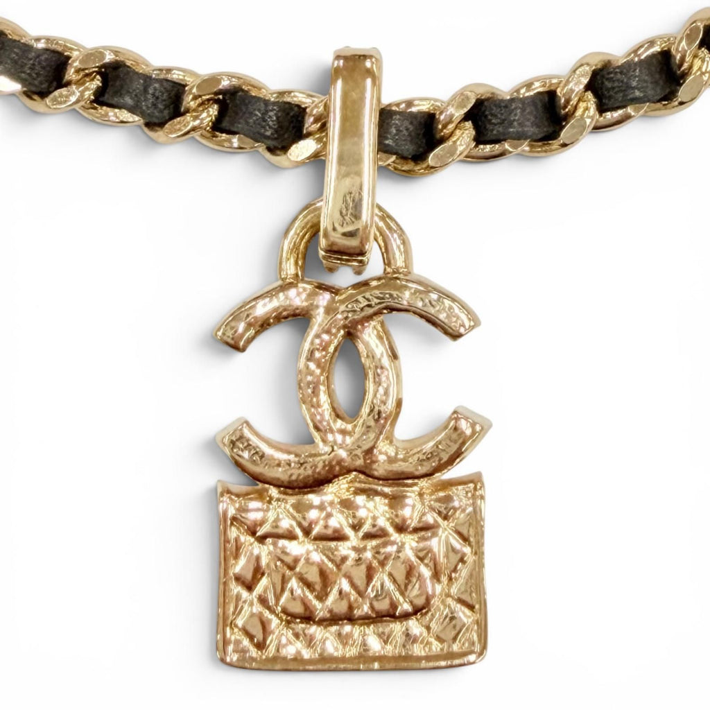 Chanel Rhinestone CC Logo Quilted Bag Motif Chain Necklace Gold Black — view 3