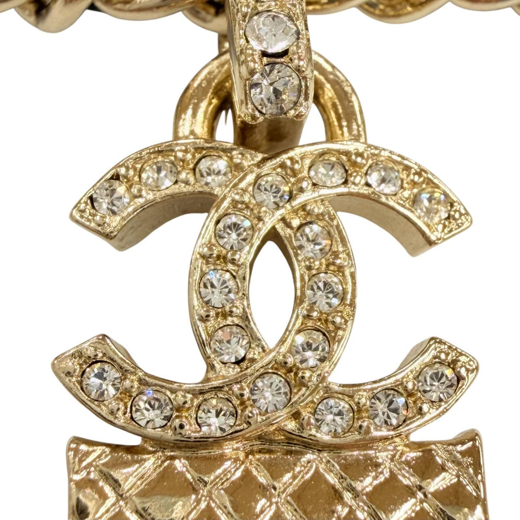 Chanel Rhinestone CC Logo Quilted Bag Motif Chain Necklace Gold Black — view 7