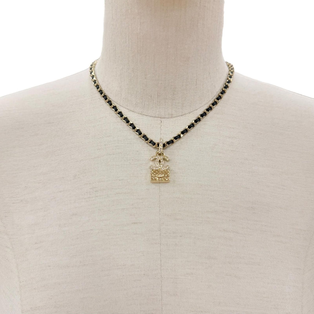 Chanel Rhinestone CC Logo Quilted Bag Motif Chain Necklace Gold Black — view 2