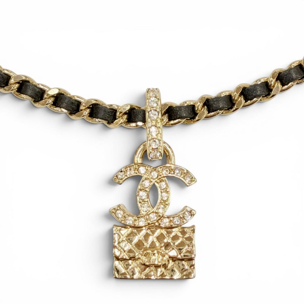 Chanel Rhinestone CC Logo Quilted Bag Motif Chain Necklace Gold Black