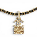 Chanel Rhinestone CC Logo Quilted Bag Motif Chain Necklace Gold Black