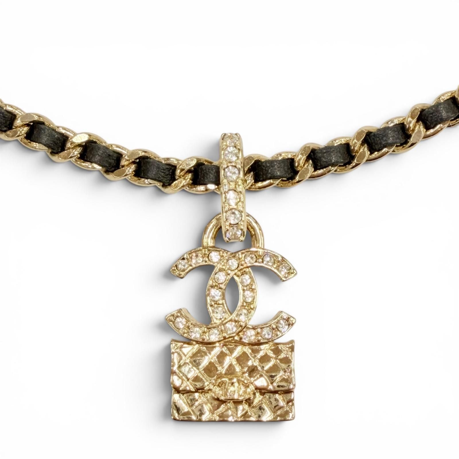 Chanel Rhinestone CC Logo Quilted Bag Motif Chain Necklace Gold Black