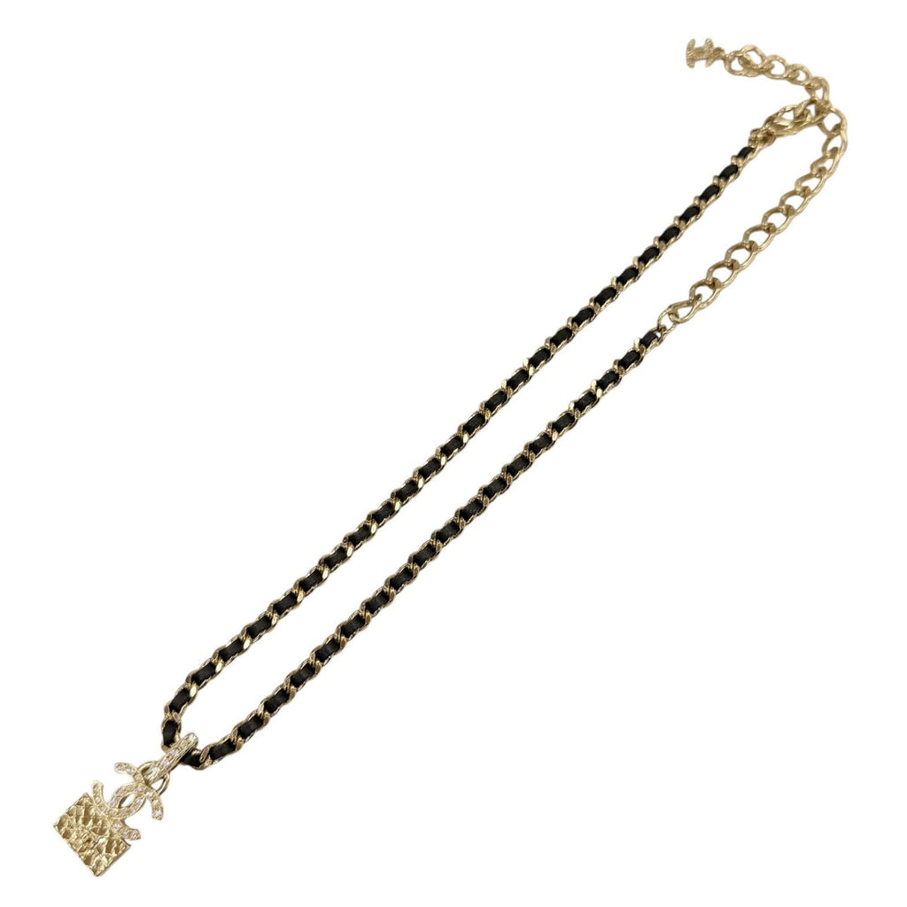 Chanel Rhinestone CC Logo Quilted Bag Motif Chain Necklace Gold Black — view 4