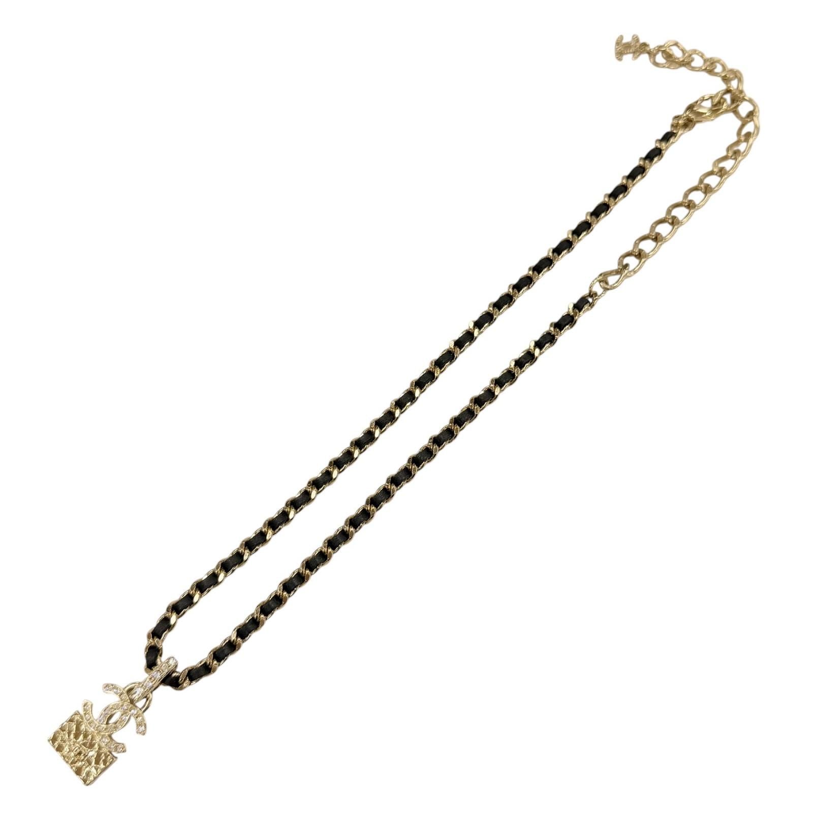 Chanel Rhinestone CC Logo Quilted Bag Motif Chain Necklace Gold Black — view 4