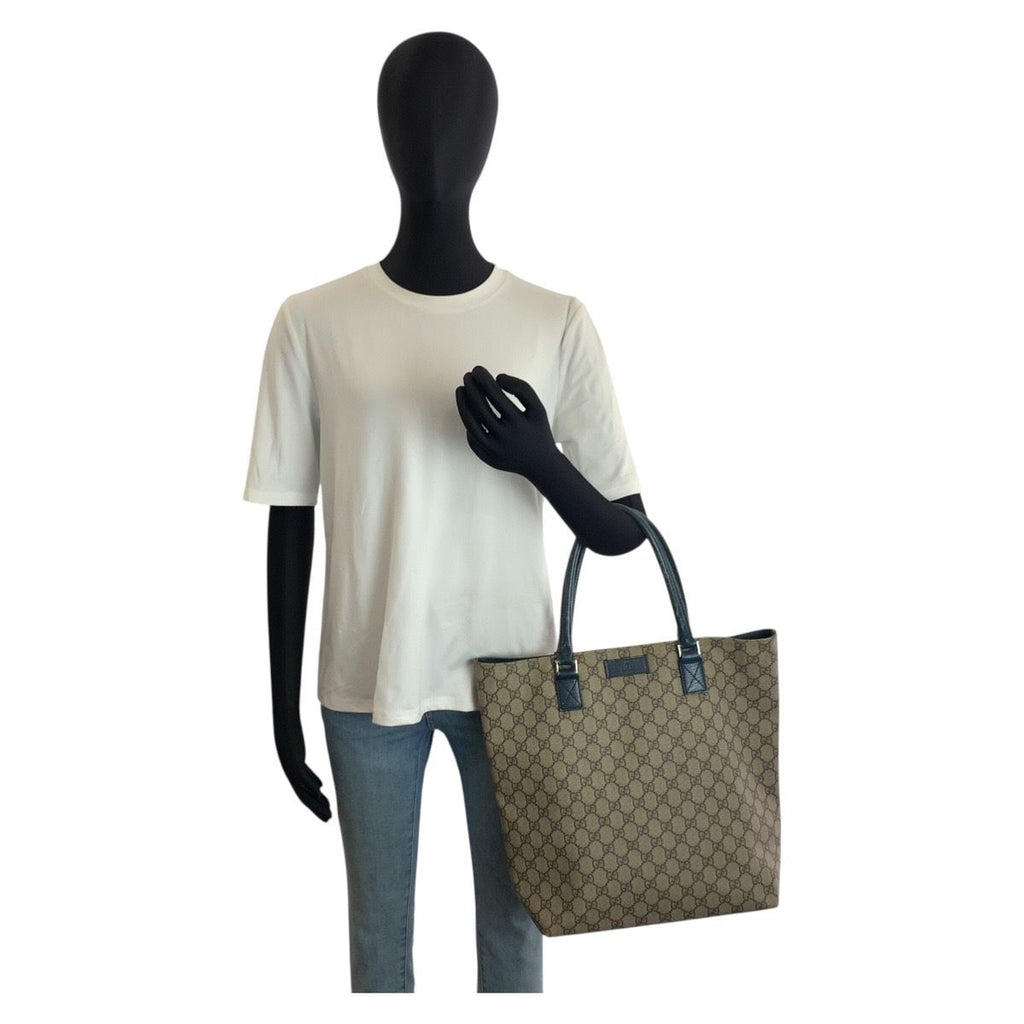 Gucci Beige Green GG Supreme Canvas Leather Tote Bag