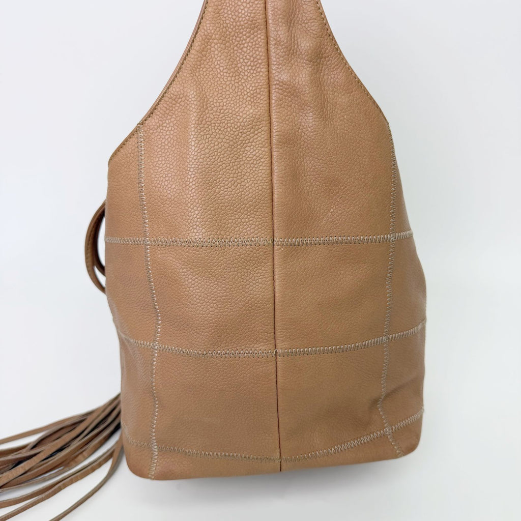 Chanel CC Logo Fringe Drawstring Handbag Leather Beige Vintage — view 6