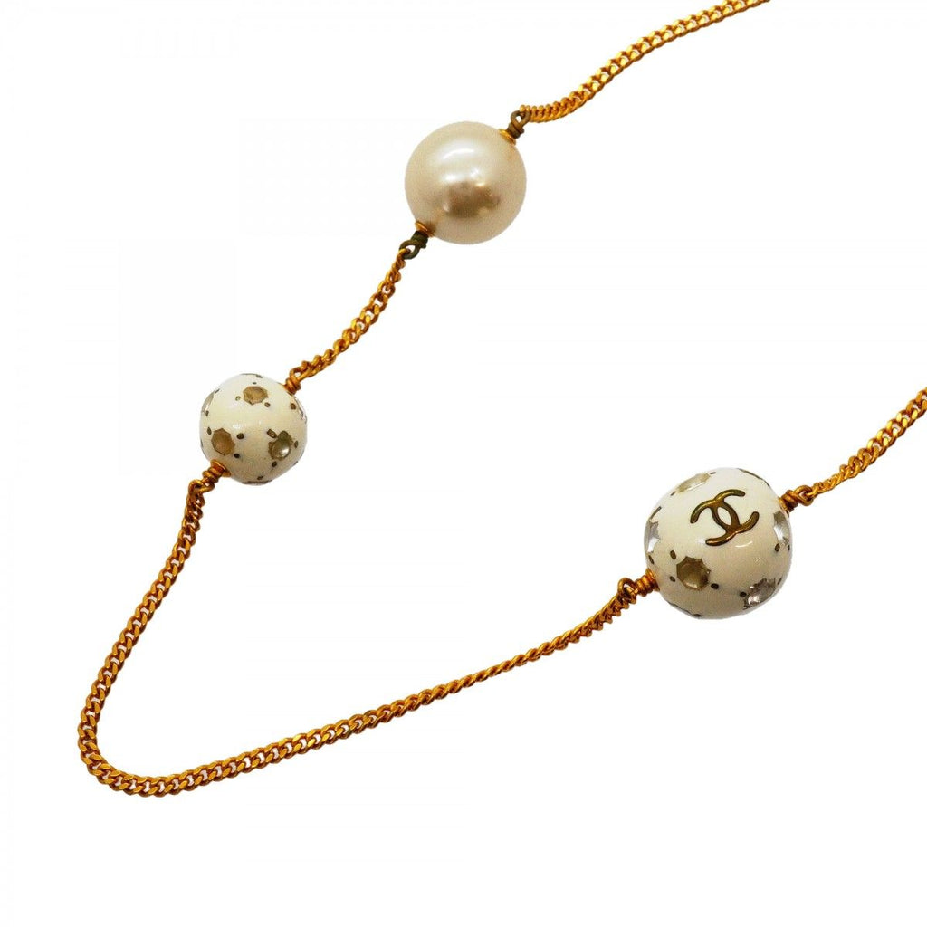 Chanel Necklace Vintage CC Logo Soccer Ball Motif Gold Plated Faux Pearl White