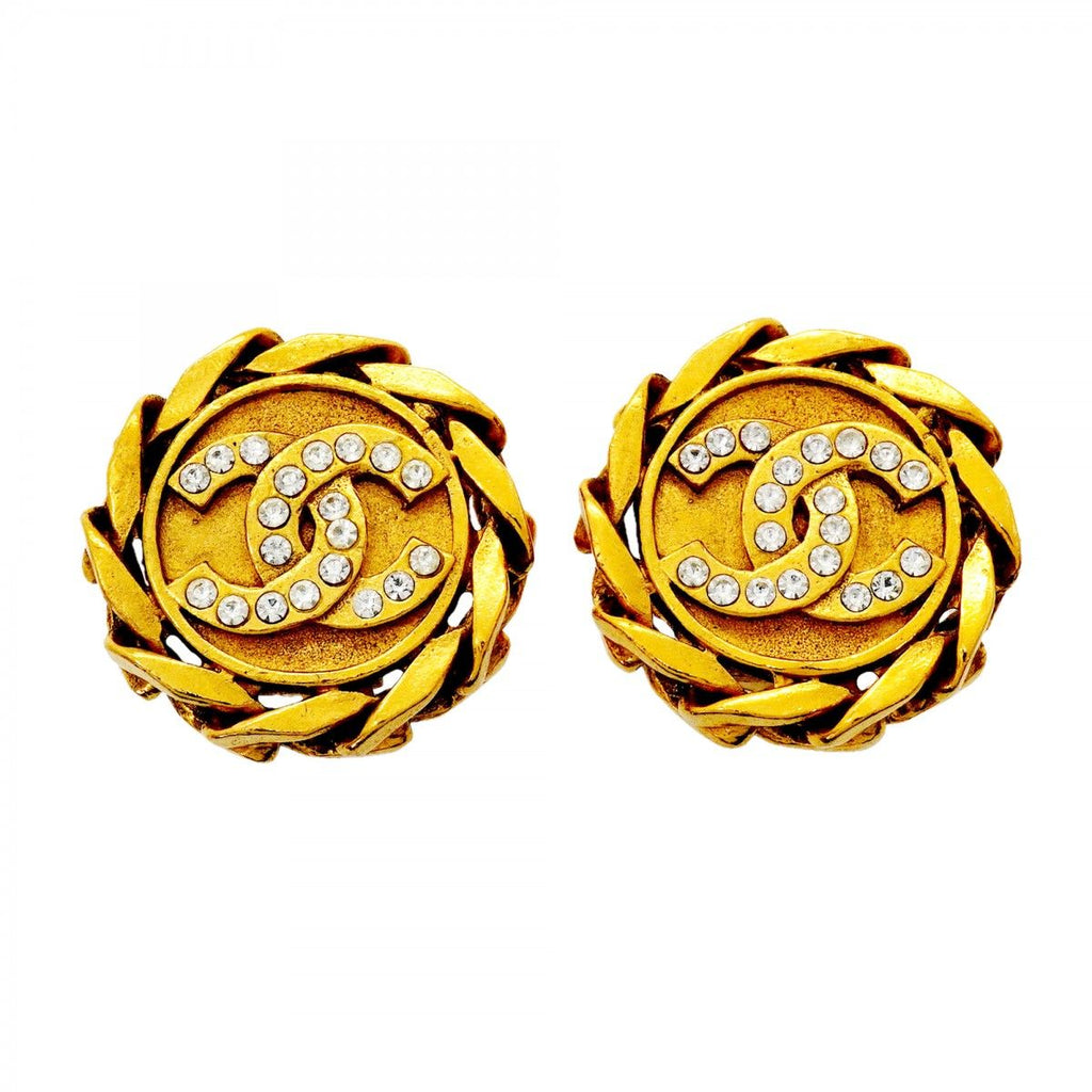 Chanel Earrings Vintage CC Logo Gold Plated Rhinestone