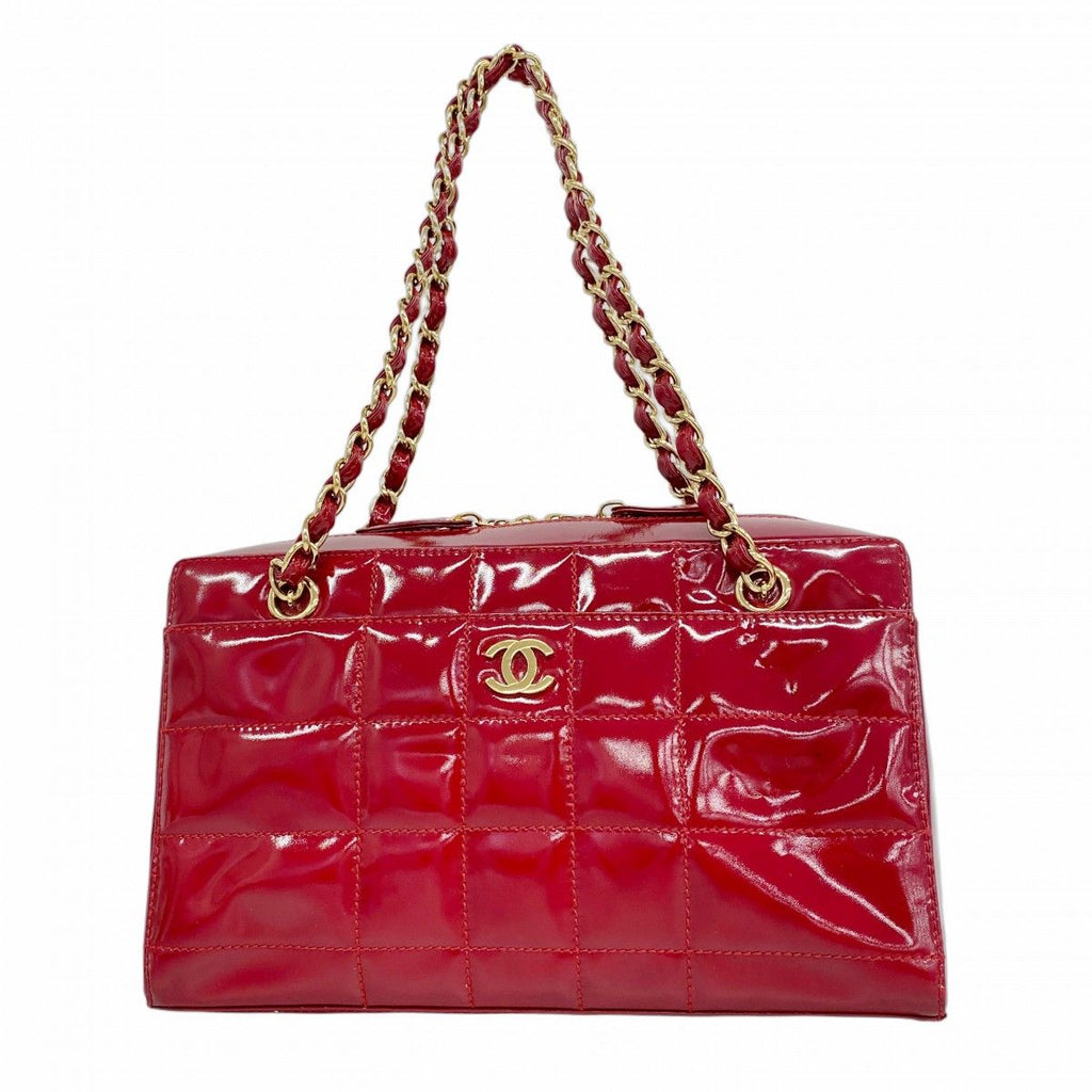 Chanel Shoulder Bag Choco Bar Patent Leather Red Gold