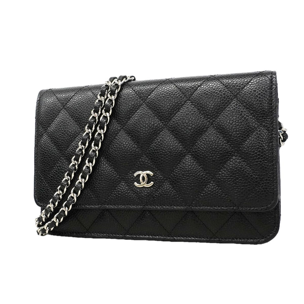 Chanel Shoulder Wallet Quilted Caviar Leather Black Silver