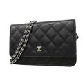 Chanel Shoulder Wallet Quilted Caviar Leather Black Silver
