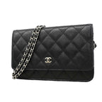 Chanel Shoulder Wallet Quilted Caviar Leather Black Silver