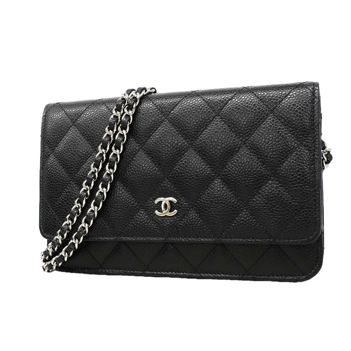 Chanel Shoulder Wallet Quilted Caviar Leather Black Silver