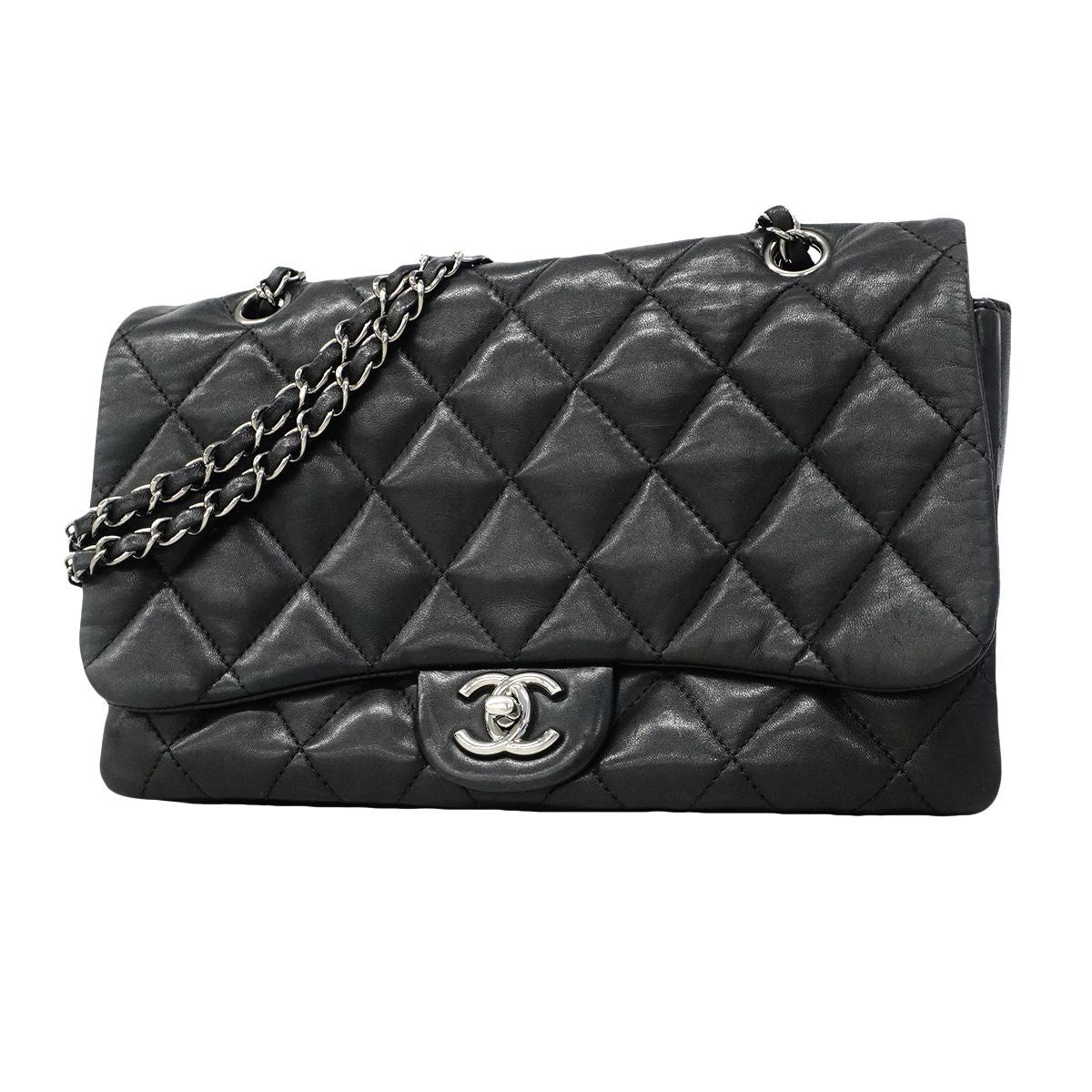 Chanel Shoulder Bag Quilted Lambskin Black Silver