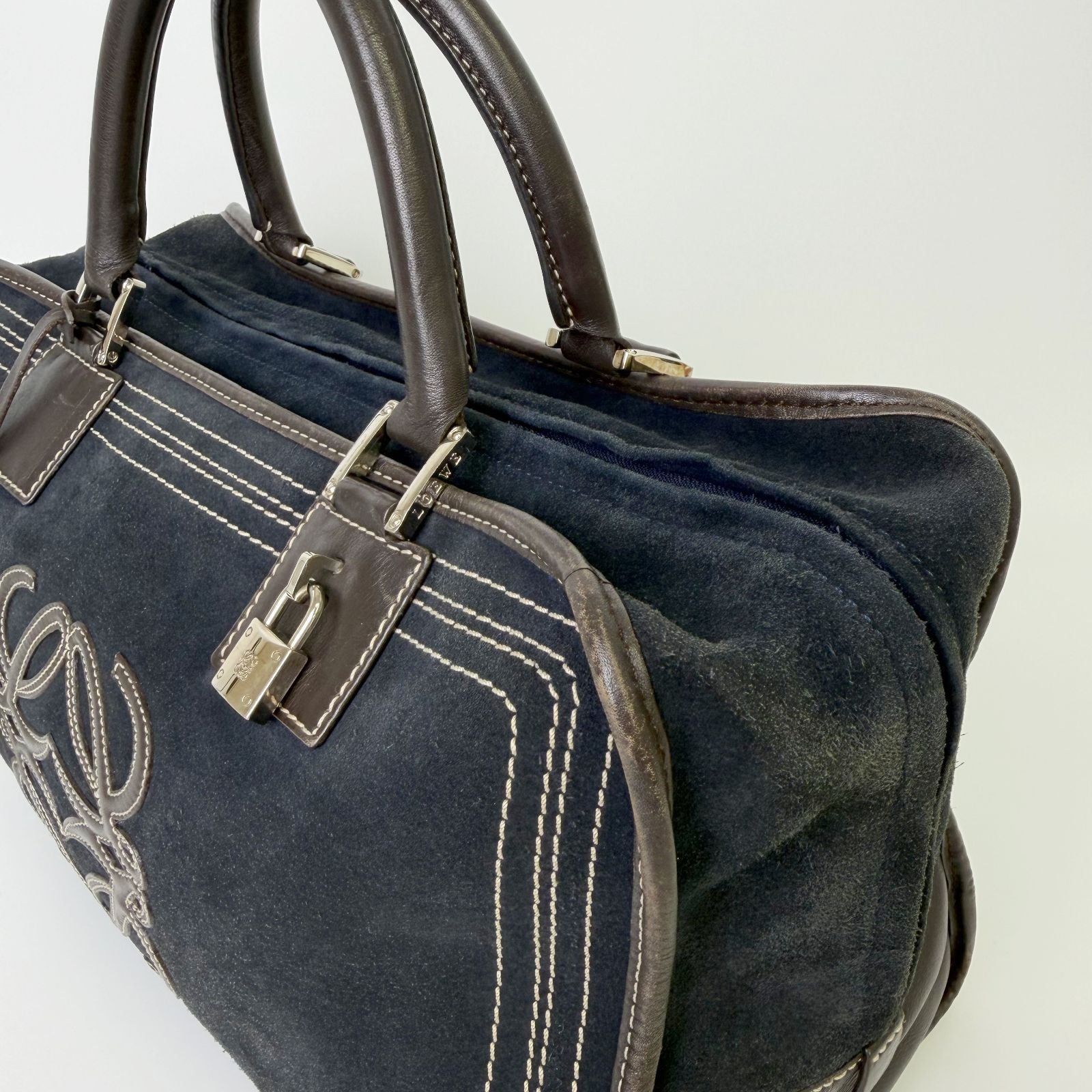 Loewe Anagram Amazona 36 Handbag Suede Leather Navy Dark Brown Vintage — view 6