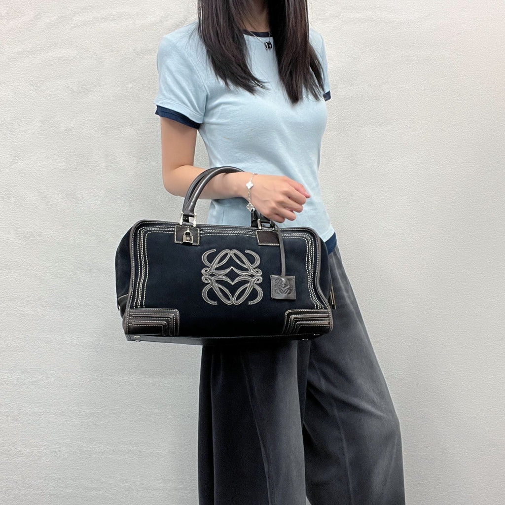 Loewe Anagram Amazona 36 Handbag Suede Leather Navy Dark Brown Vintage