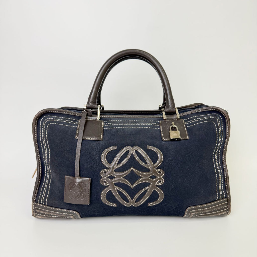 Loewe Anagram Amazona 36 Handbag Suede Leather Navy Dark Brown Vintage — view 2