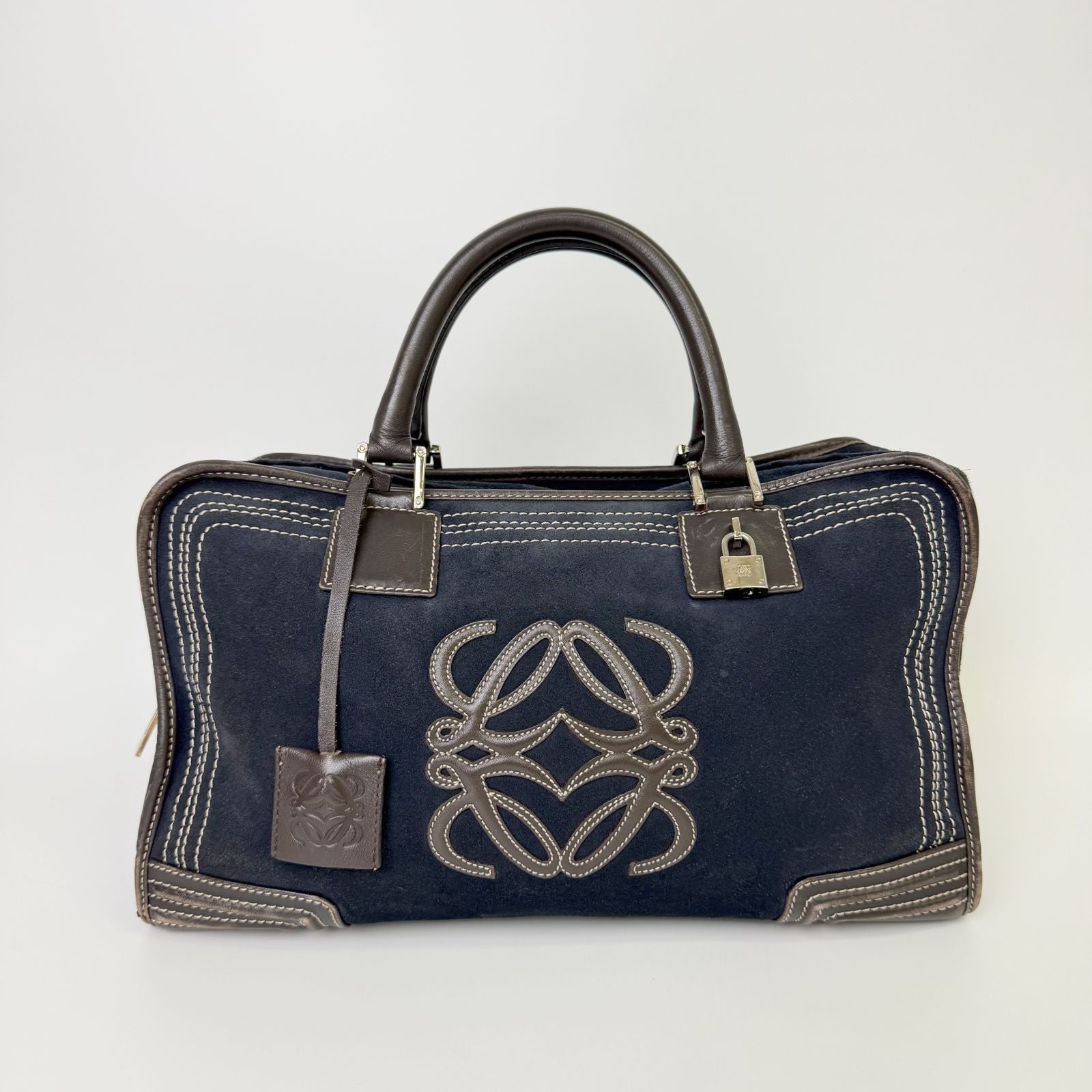 Loewe Anagram Amazona 36 Handbag Suede Leather Navy Dark Brown Vintage — view 2