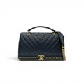 Chanel Shoulder Bag Navy Gold Blanc CC Logo Stitch Chain Turnlock 2-Way