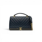 Chanel Shoulder Bag Navy Gold Blanc CC Logo Stitch Chain Turnlock 2-Way