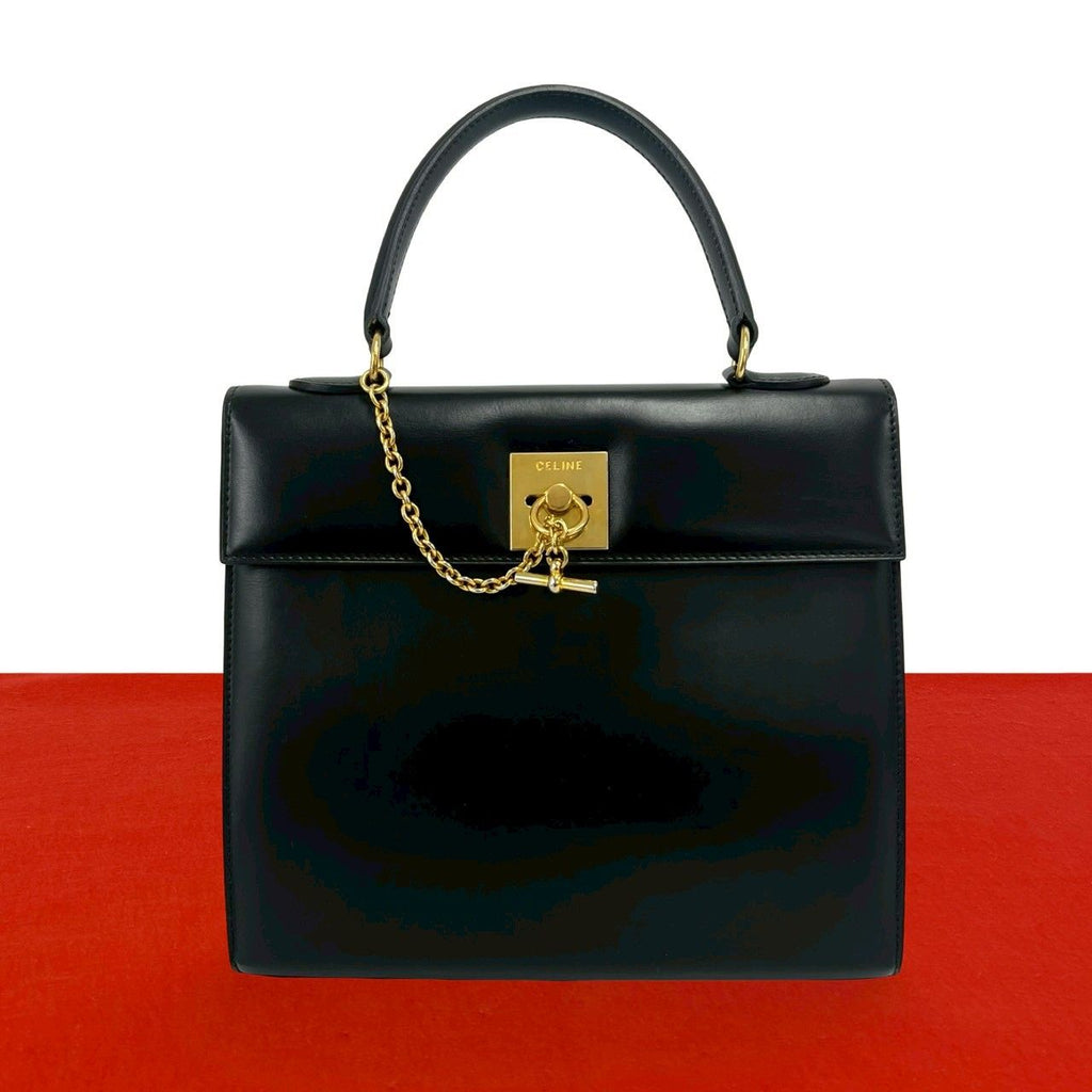 Celine Vintage Logo Ring Calf Leather Tote Black