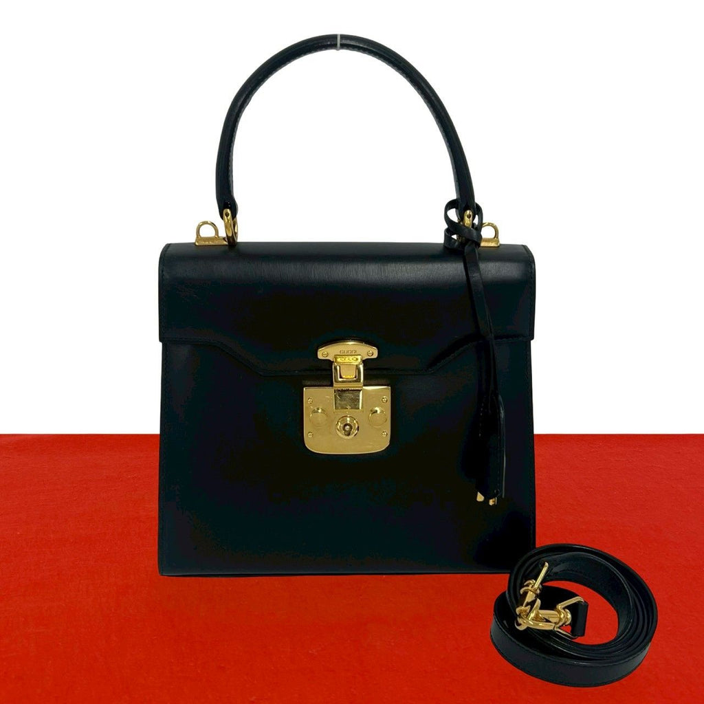 Gucci Vintage Ladylock Leather 2-Way Shoulder Bag Black
