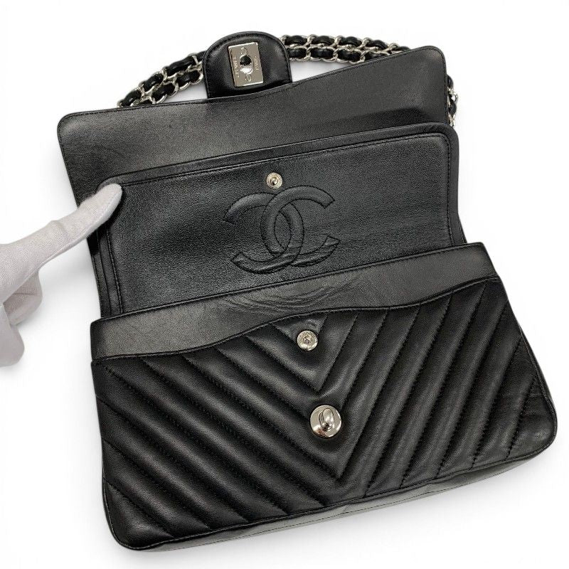 Chanel Shoulder Bag Black Silver Blanc CC Logo Stitch Double Chain Flap Turnlock — view 6