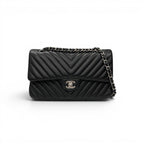 Chanel Shoulder Bag Black Silver Blanc CC Logo Stitch Double Chain Flap Turnlock