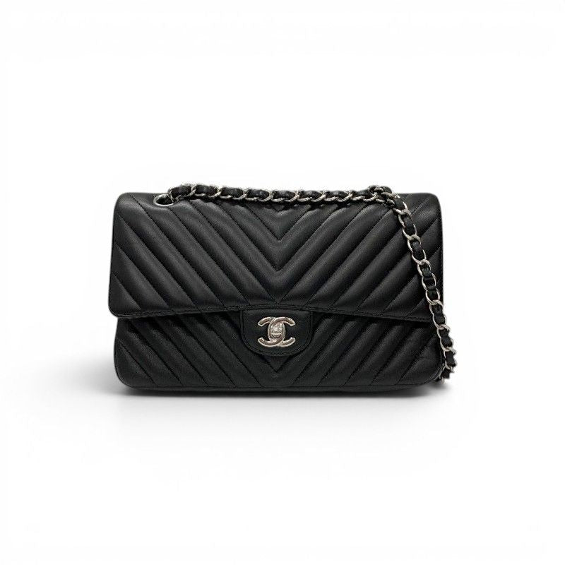 Chanel Shoulder Bag Black Silver Blanc CC Logo Stitch Double Chain Flap Turnlock